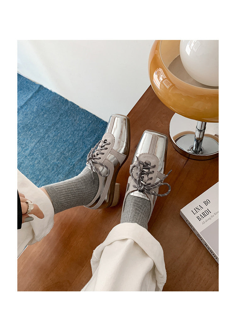 Karin Luna In Stock Spot Goods   Pig Nose Thin Strap Square Toe Patchwork Single Shoes