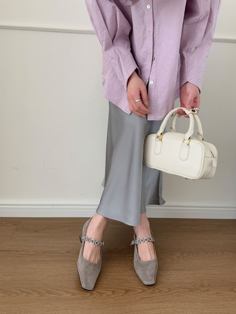 Karin Luna In Stock Spot Goods  Vintage Full Leather Square Toe Rhinestone Strap Shallow Mouth Single Shoes