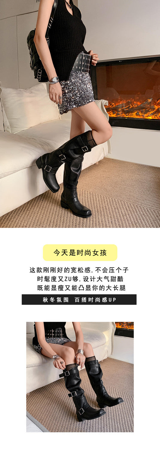 Karin Luna In Stock In Stock European and American Style Square Toe Thick Sole Belt Buckle Long Boots