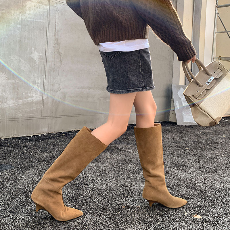 Karin Luna In Stock Spot Goods Retro Cowhide Pointed Toe Stiletto Elegant Long Boots