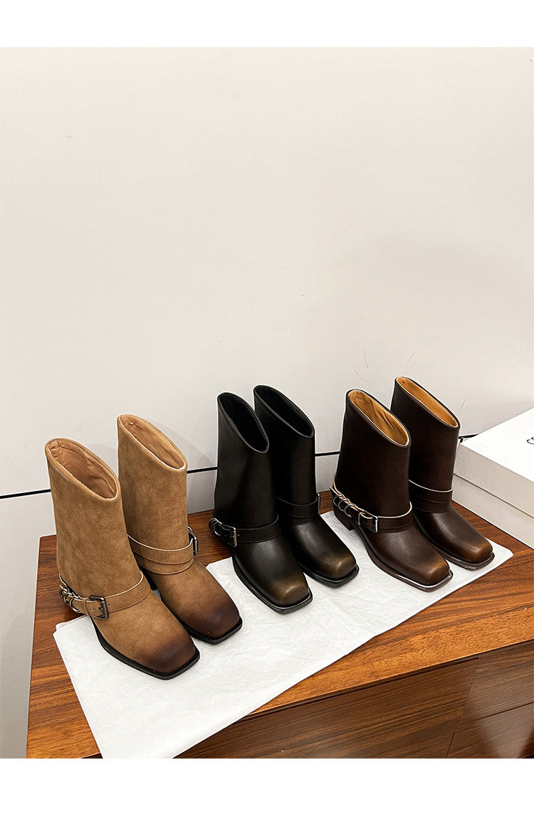 Karin Luna Elegant Style Square Toe Belt Buckle Pants Boot Short Boots