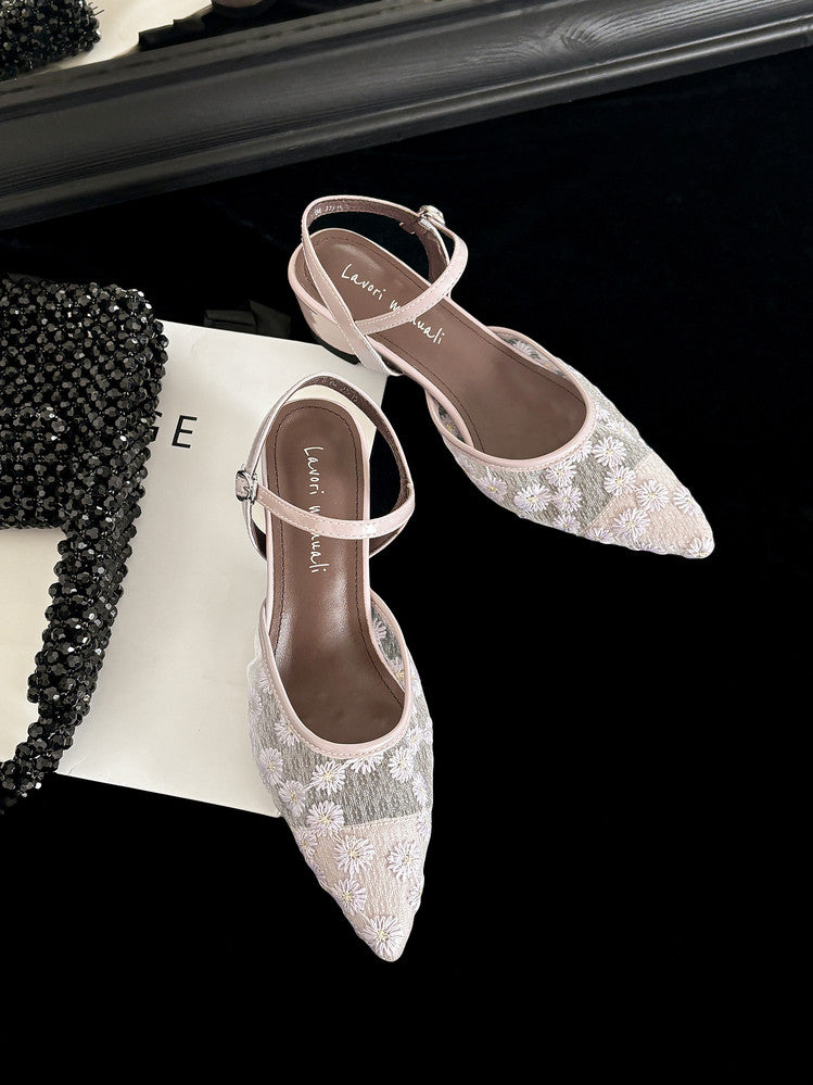 Karin Luna In Stock Spot Goods Embroidered Daisy Sheepskin Mesh Elegant Closed-Toe Slippers