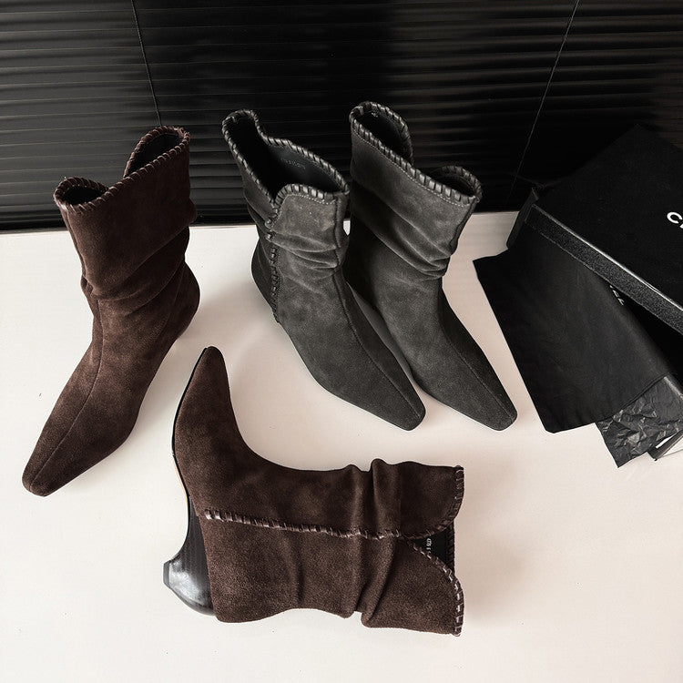 Karin Luna Elegant Style Small Square Toe Pleated Short Boots