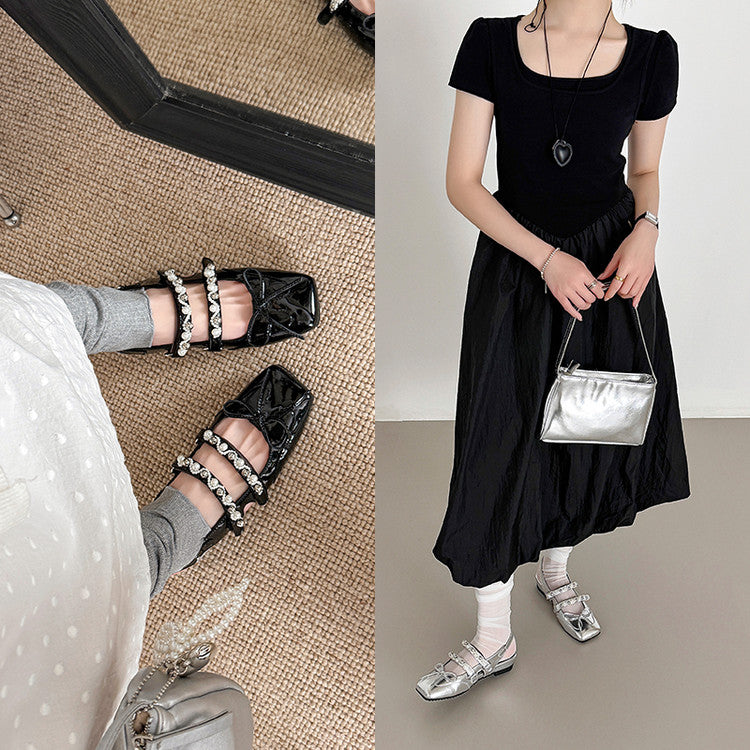 Karin Luna In Stock In Stock  Square Toe Bowknot Pearl Strap Closed-Toe Sandals
