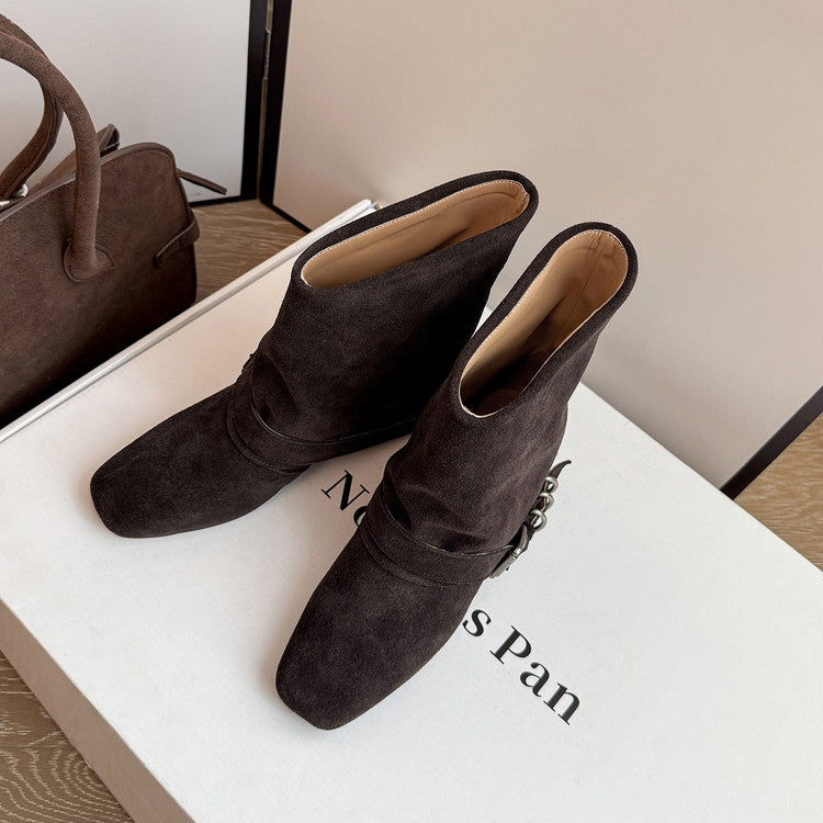 Karin Luna Data Hot Item Square Toe Hidden Wedge Belt Buckle Suede Ankle Boots