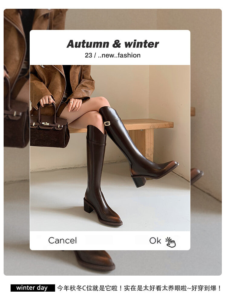Karin Luna Bestseller  Popular Understood everything  Basic Elegant Outfit Pointed Toe Chunky Heel Full Cowhide I Am A Knight Boots