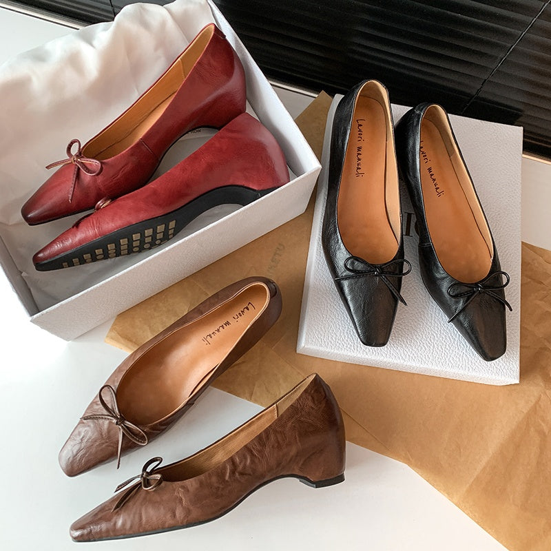 Karin Luna Full Layer Inside and Out~Basic Versatile Small Square Toe Butterfly Knot Irregular Heel Single Shoes