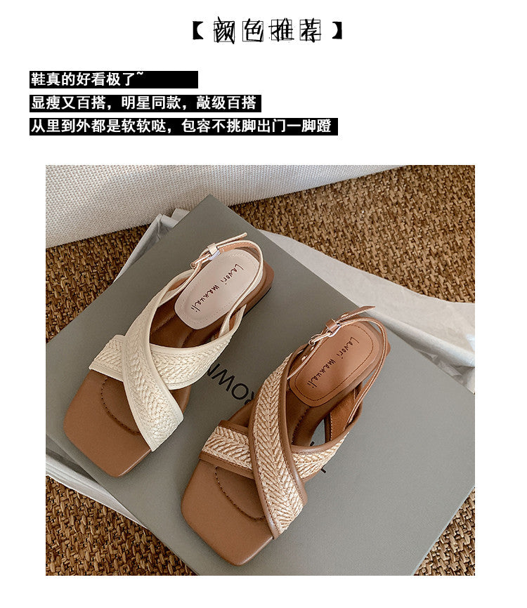 Karin Luna In Stock  Spot Goods Woven Style  Cross-strap Vacation Style Flat Sandals