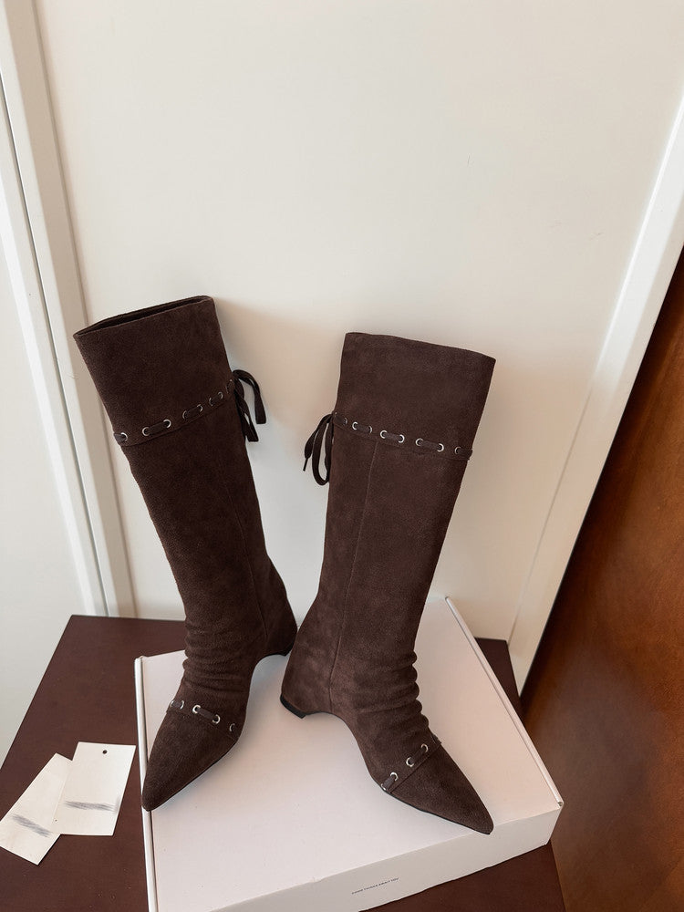 Karin Luna Elegant Style  Pointed Toe Pleated Hidden Wedge Western Boots