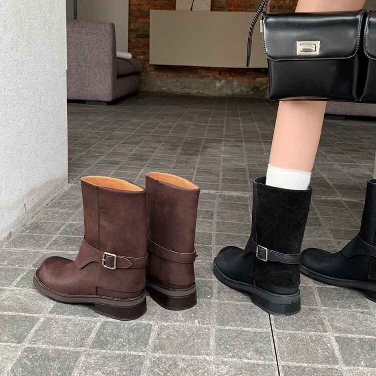 Karin Luna Belt Buckle Chunky Heel Fashion Short Boots