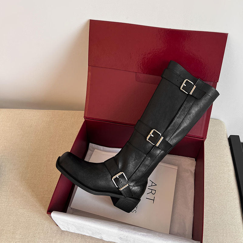 Karin Luna In Stock In Stock European and American Style Square Toe Thick Sole Belt Buckle Long Boots