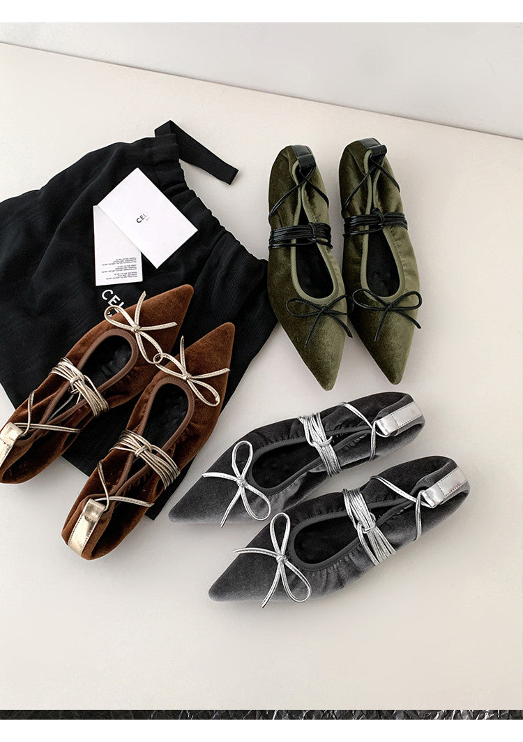 Karin Luna In Stock In Stock Retro Velvet Pointed Toe Bowknot Single Shoes