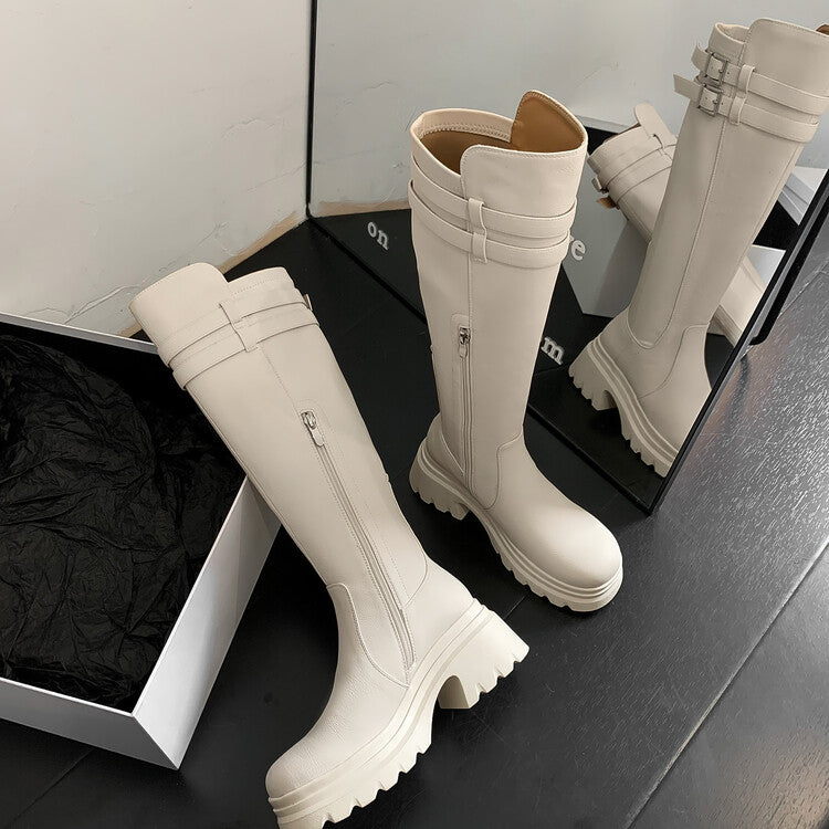 Karin Luna In Stock  Round Toe Thick Sole Casual Belt Buckle Long Boots
