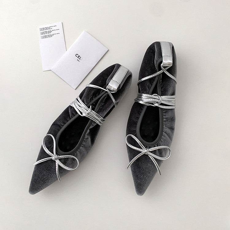 Karin Luna In Stock In Stock Retro Velvet Pointed Toe Bowknot Single Shoes