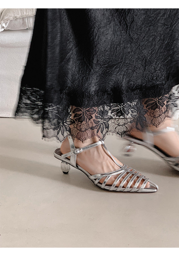 Karin Luna French Hollow Toe Metal Heel Elegant Sandals
