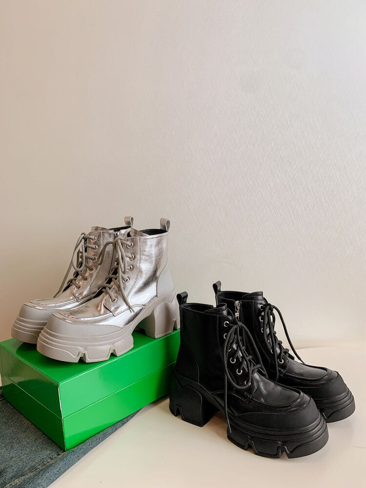Karin Luna Casual Thick Sole Full Cowhide Lace-up Thick-soled Short Boots   Classic All-Matching