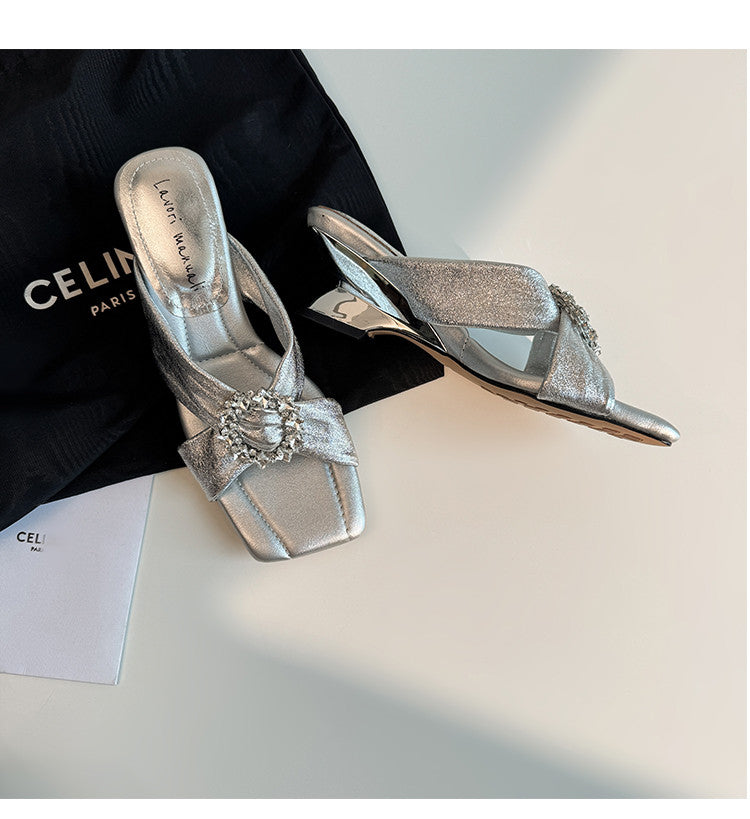 Karin Luna In Stock In Stock Elegant Square-Toe Cross-Strap Rhinestone Square-Toe Slippers