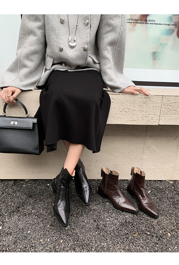 Karin Luna In Stock Spot Goods Elegant Stretch Fabric Patchwork Pointed Toe Chunky Heel Short Boots