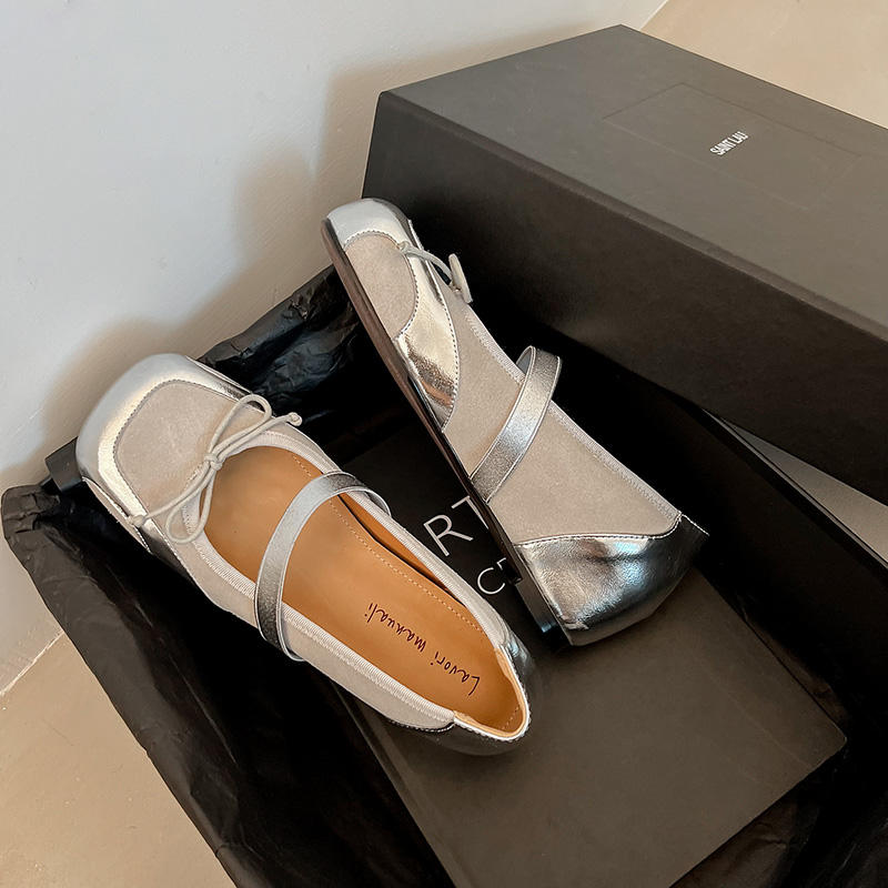 Karin Luna In Stock Spot Goods    Color Block Cowhide Leather Square Toe Slip-On Height Increasing Bowknot Flats