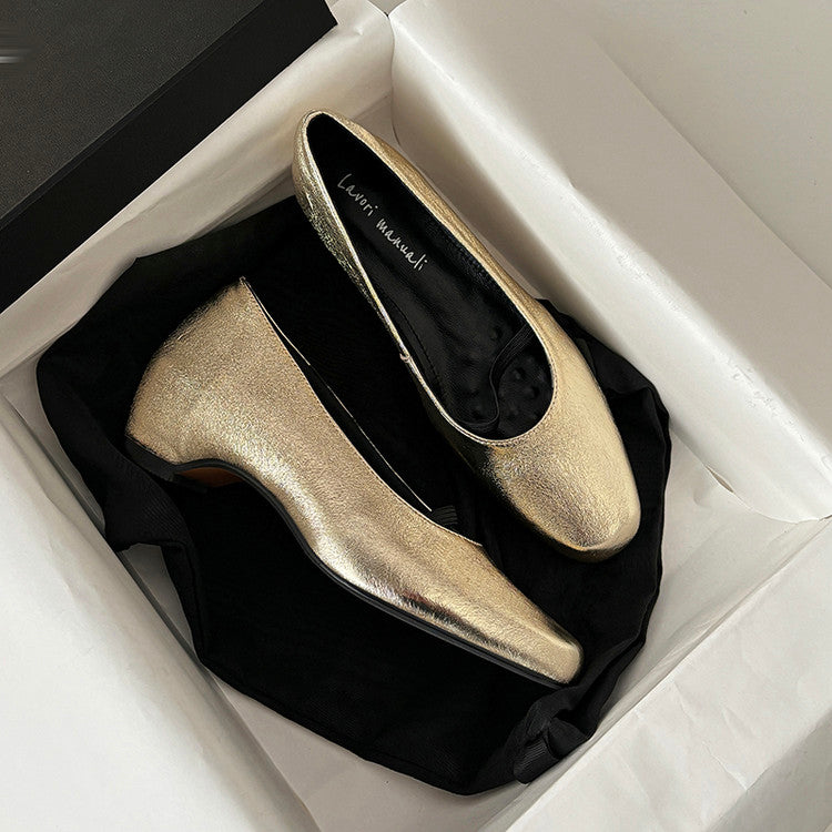 Karin Luna In Stock Spot Goods    Retro Elastic Band Chunky Heel Single Shoes