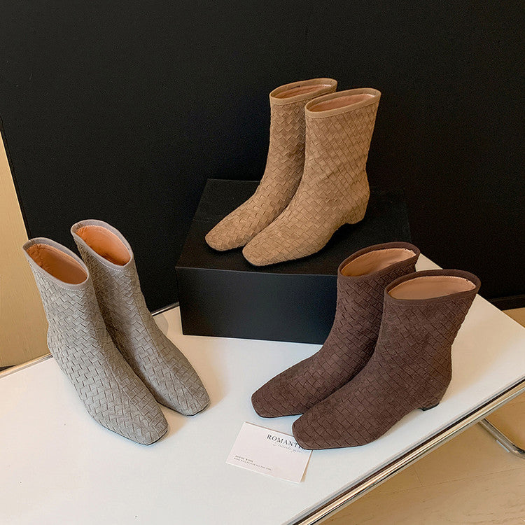 Karin Luna Handmade Woven Fabric Small Square Toe Hidden Heel Short Boots