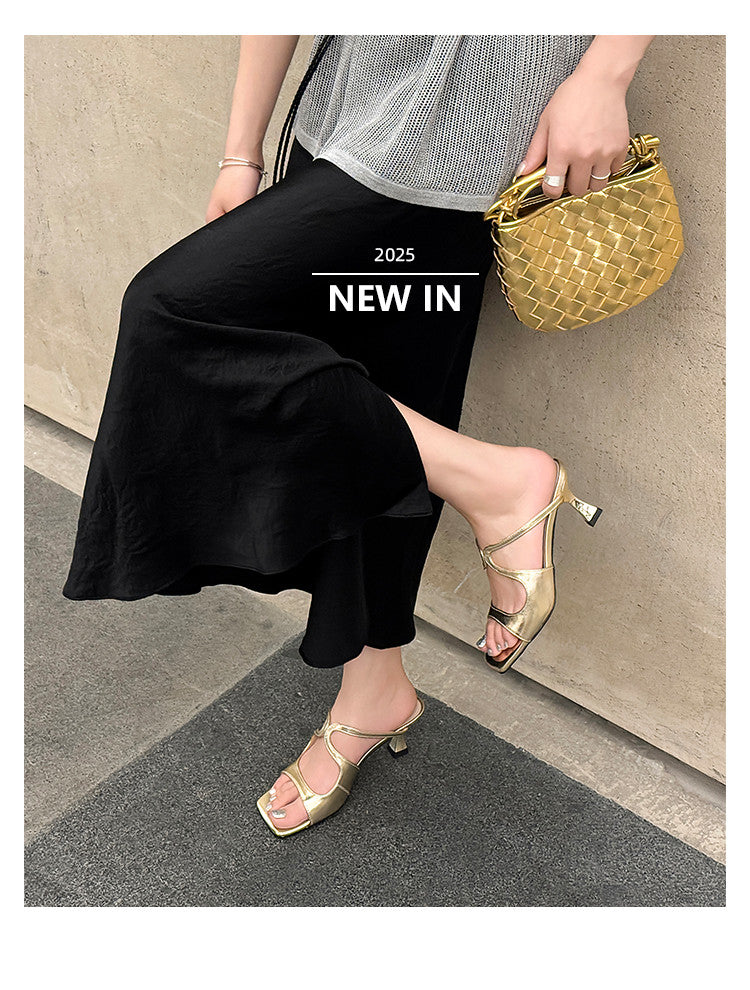 Karin Luna French Retro Square Toe Wrap Strap Open-Toe Slippers