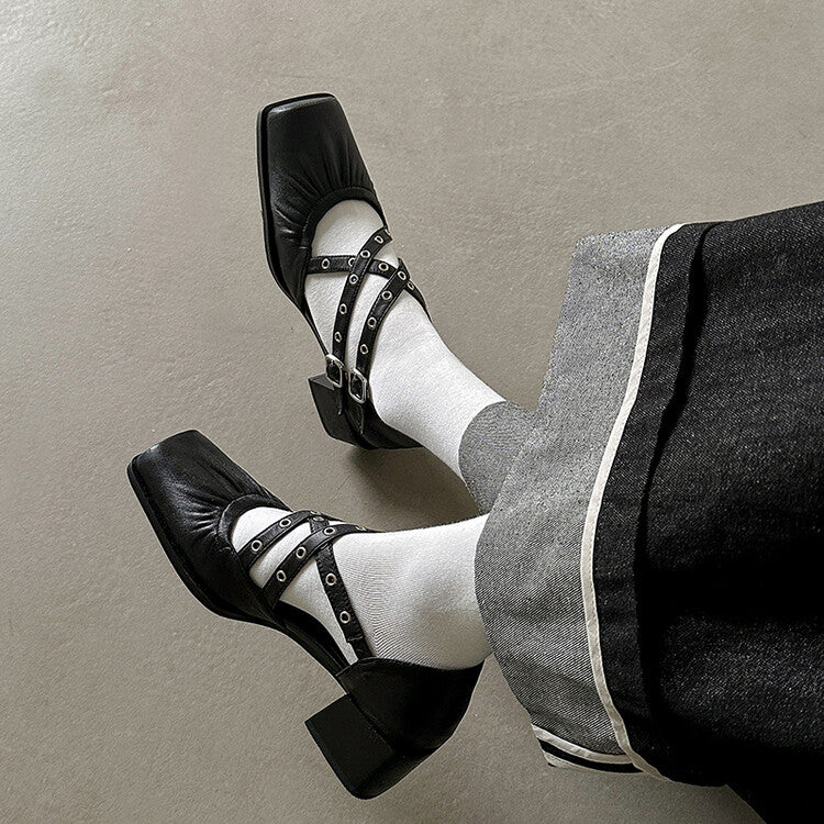 Karin Luna In Stock Spot Goods First Layer Sheepskin Cross Strap Rivet Square Toe Mary Jane Sandals