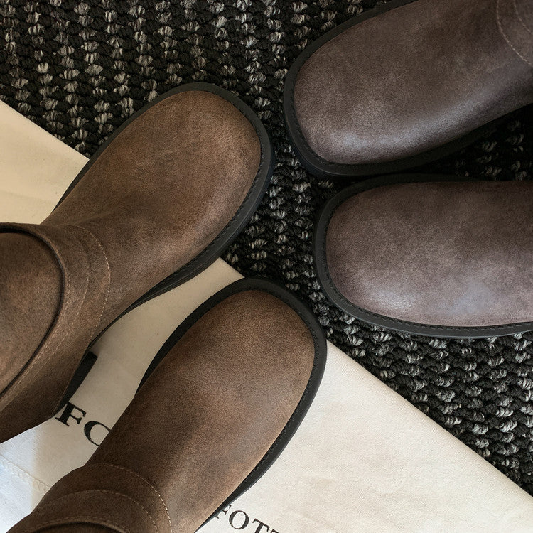 Karin Luna In Stock Spot Goods Versatile Basic Round Toe Belt Buckle Thick Sole Tube Boots