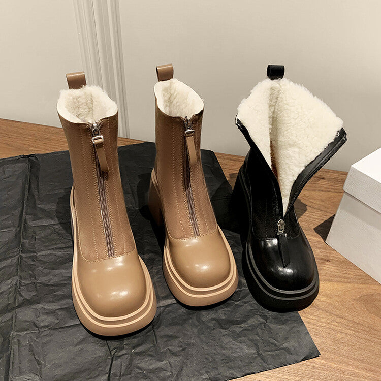 Karin Luna Basic Bestseller Timeless Thick Fur Lined Round Toe Thick Sole Cowhide Snow Boots