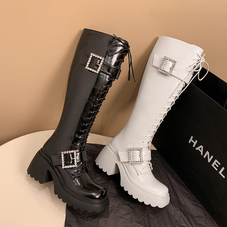 Karin Luna In Stock Spot Goods Bestselling Extended Version Rhinestone Square Buckle Thick Sole Lace-up Thick Sole Full Cowhide Knight Boots