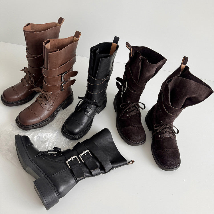 Karin Luna Bestseller Hot-Selling Large Tube Leather Belt Buckle Round Toe Thick-Soled Short Boots