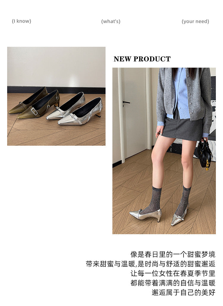 Karin Luna In Stock In Stock Retro Belt Buckle Small Square Toe Chunky Heel Single Shoes