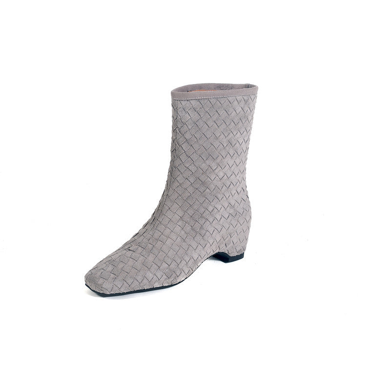 Karin Luna Handmade Woven Fabric Small Square Toe Hidden Heel Short Boots
