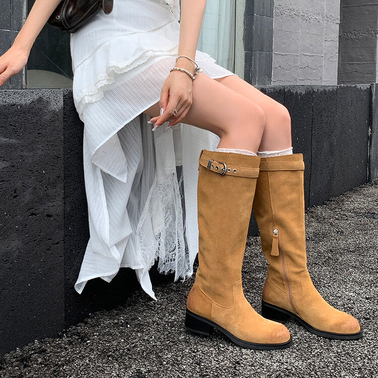 Karin Luna Chunky Heels Round Head Belt Buckle  Fashionable Suede Boots