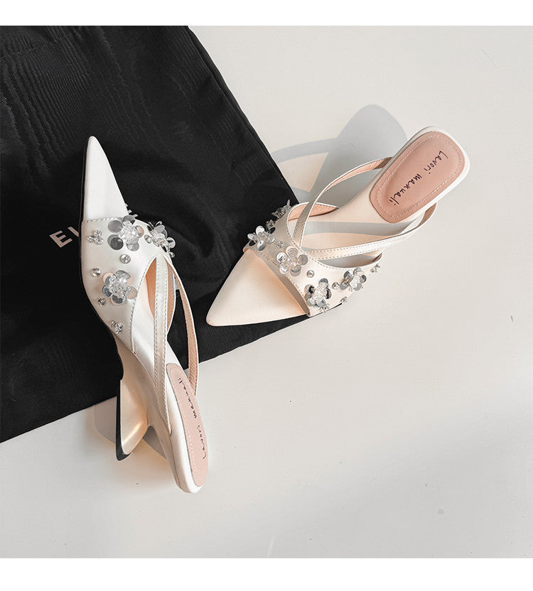 Karin Luna Bestseller Sequin Elements Elegant Pointed Toe Irregular Heel Slippers