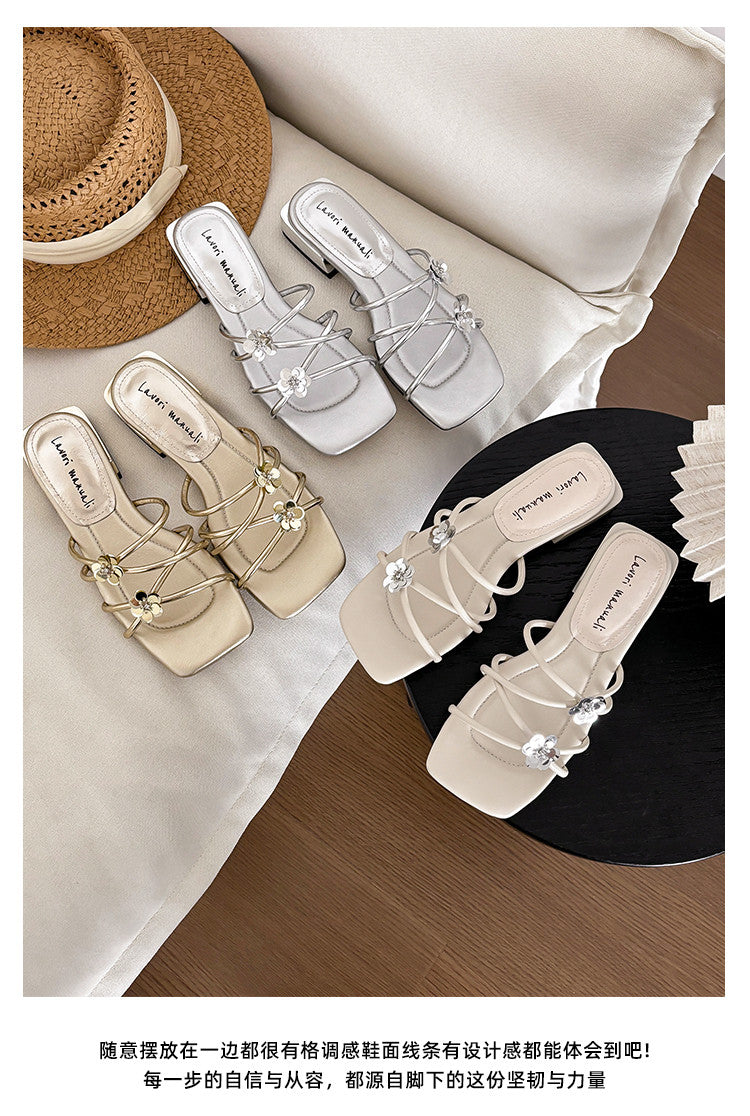 Karin Luna In Stock    Spot Goods    Square Toe One-Strap Sequin Flower Flat Slippers