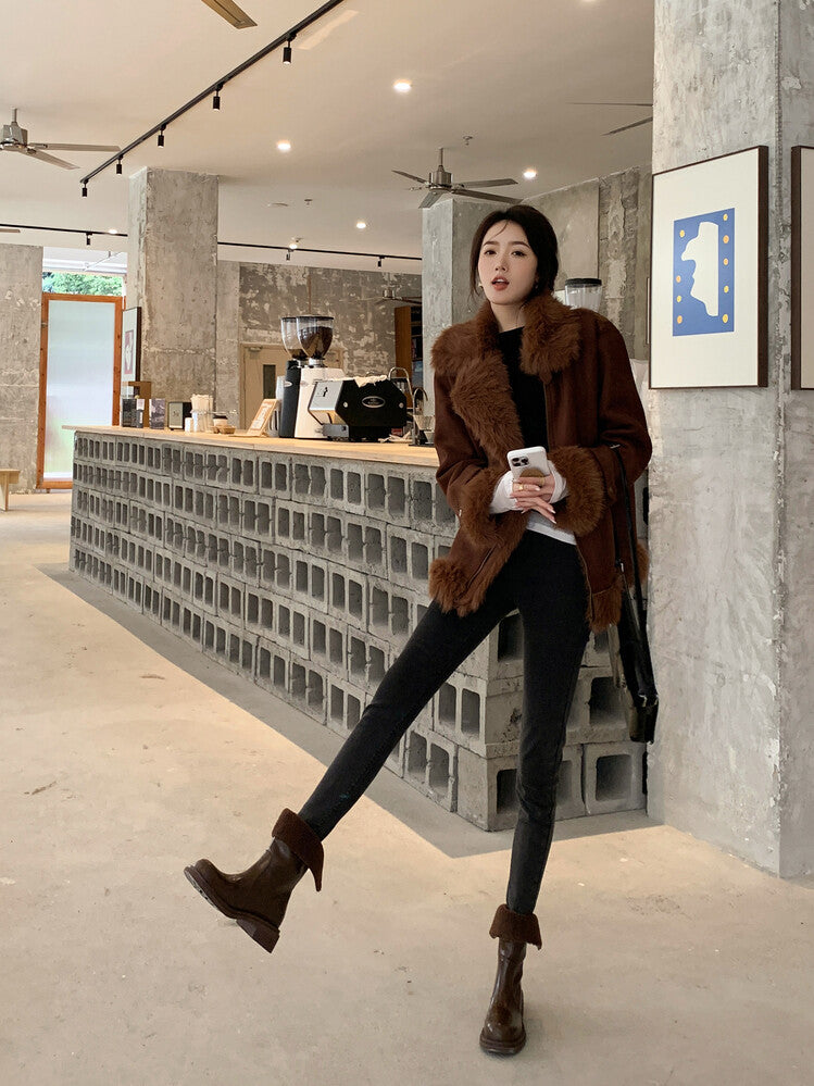 Karin Luna Classic Basic Style   Convertible Foldable Hidden Buckle Snow Fur Shoes Full cowhide Basic Flat Short Boots