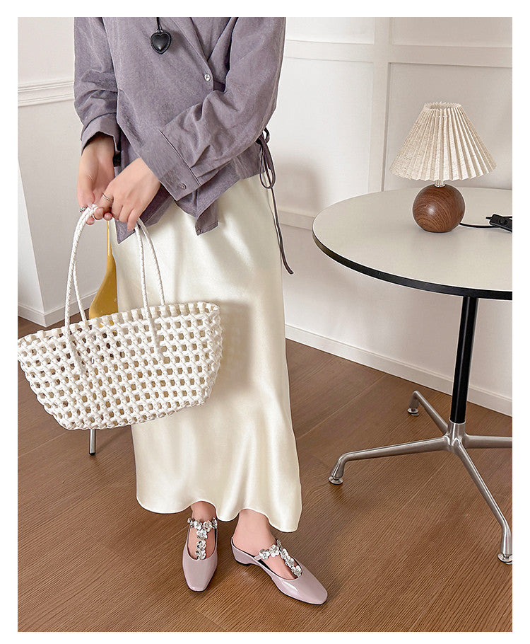 Karin Luna In Stock Spot Goods  T Handmade Sequin Flower Square Toe Height-Increasing Closed-Toe Slippers