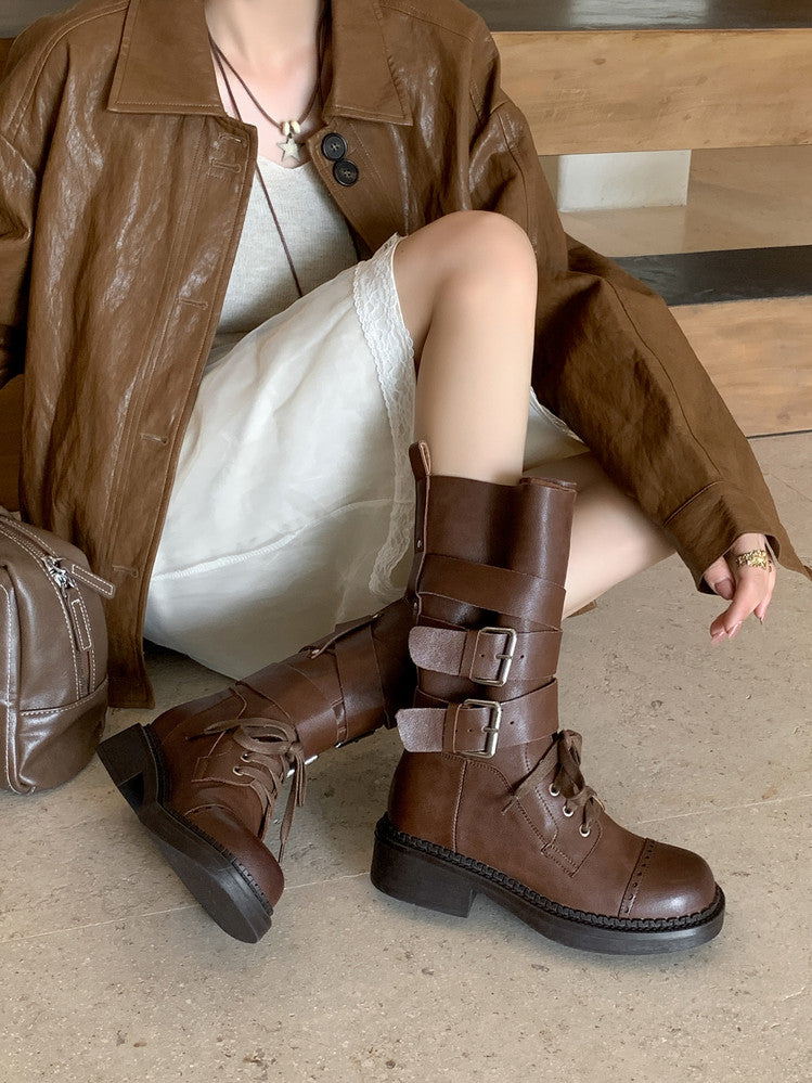 Karin Luna Bestseller Hot-Selling Large Tube Leather Belt Buckle Round Toe Thick-Soled Short Boots