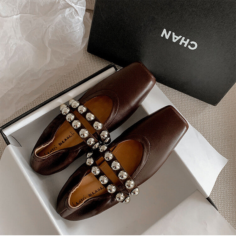 Karin Luna In Stock Spot Goods  Pig Nose Metal Strap Super Soft Granny Full Leather Mary Jane Shoes