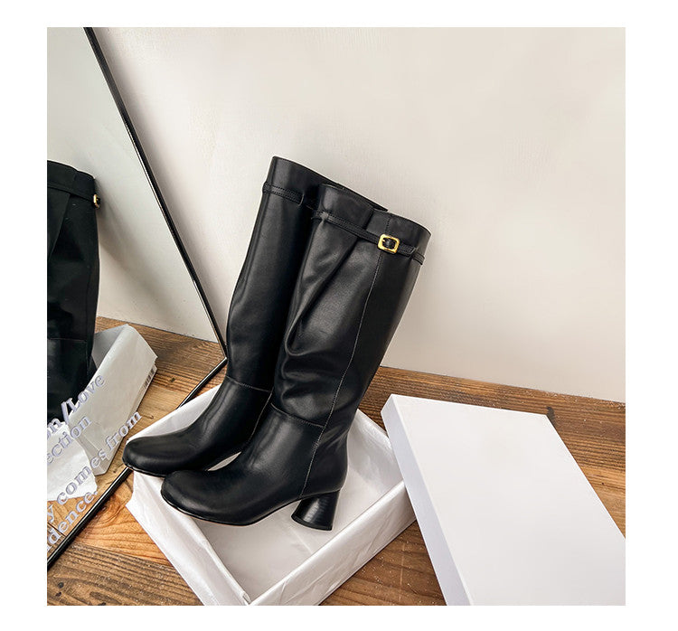 Karin Luna In Stock In Stock Mango Head Large Tube Belt Buckle Chunky Heel Long Boots