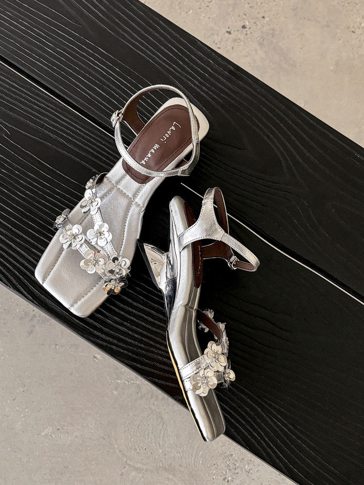 Karin Luna In Stock Spot Goods All the Best Square-Toed Sequin Flower Sandals