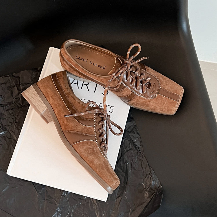 Karin Luna In Stock Spot Goods   Pig Nose Thin Strap Square Toe Patchwork Single Shoes