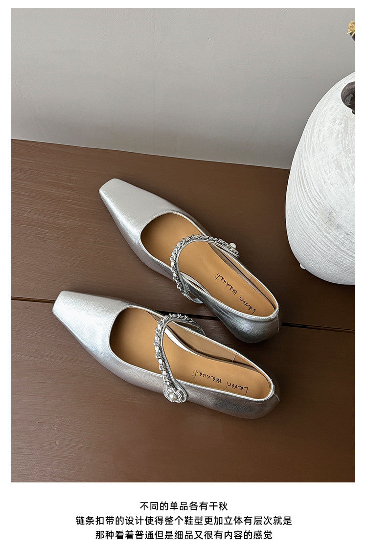 Karin Luna In Stock In Stock ~Metal One-Strap Pearl Small Square Toe Height-Increasing Flats
