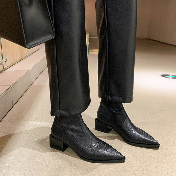 Karin Luna Elegant Style Pointed Toe Chunky Heel Short Boots