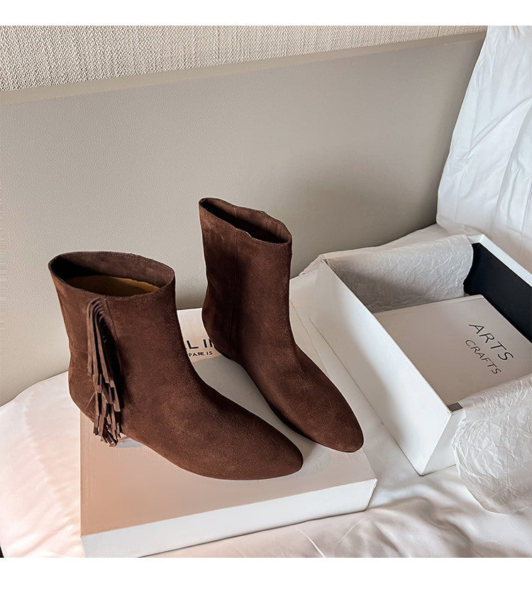 Karin Luna In Stock Spot Goods Tassel Square Toe Hidden Wedge Short Boots