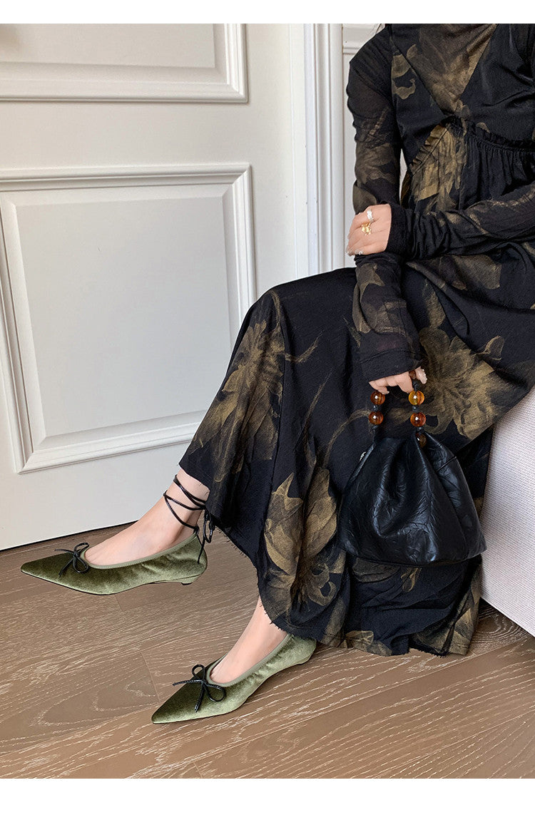 Karin Luna In Stock In Stock Retro Velvet Pointed Toe Bowknot Single Shoes