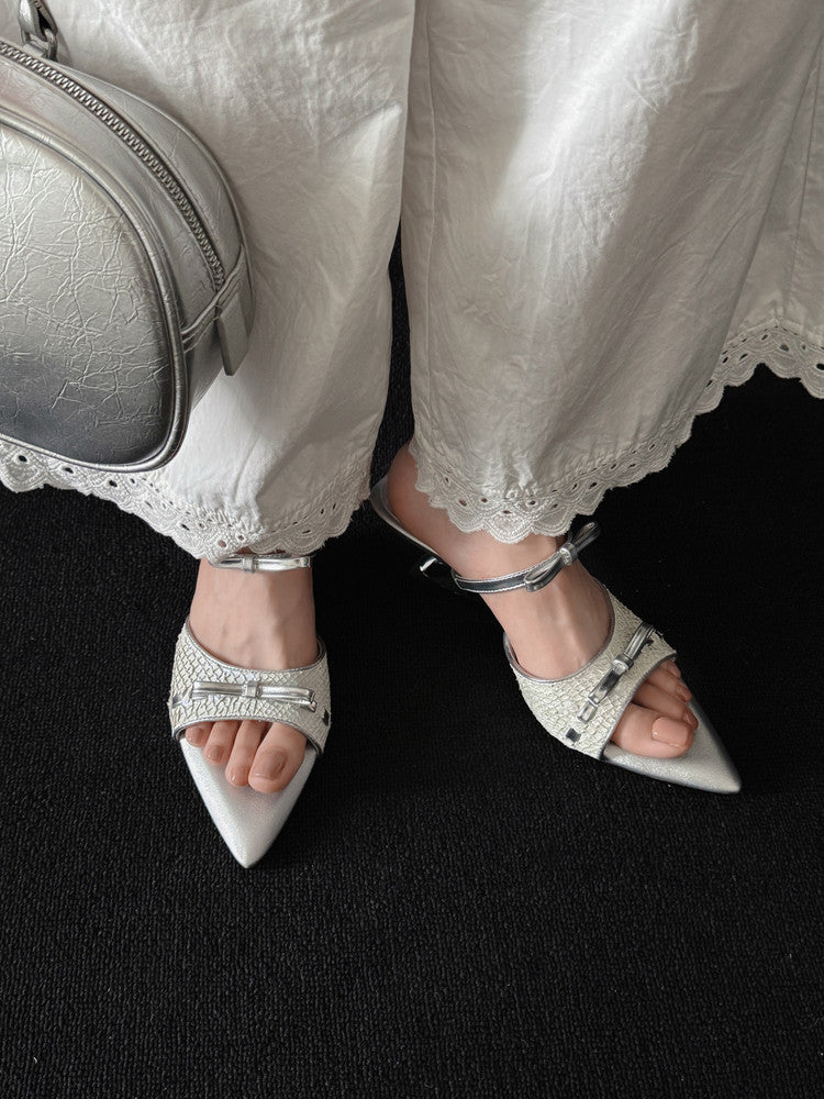 Karin Luna Fish Skin Series~Pointed Toe Irregular Heel Bowknot Strap Slippers