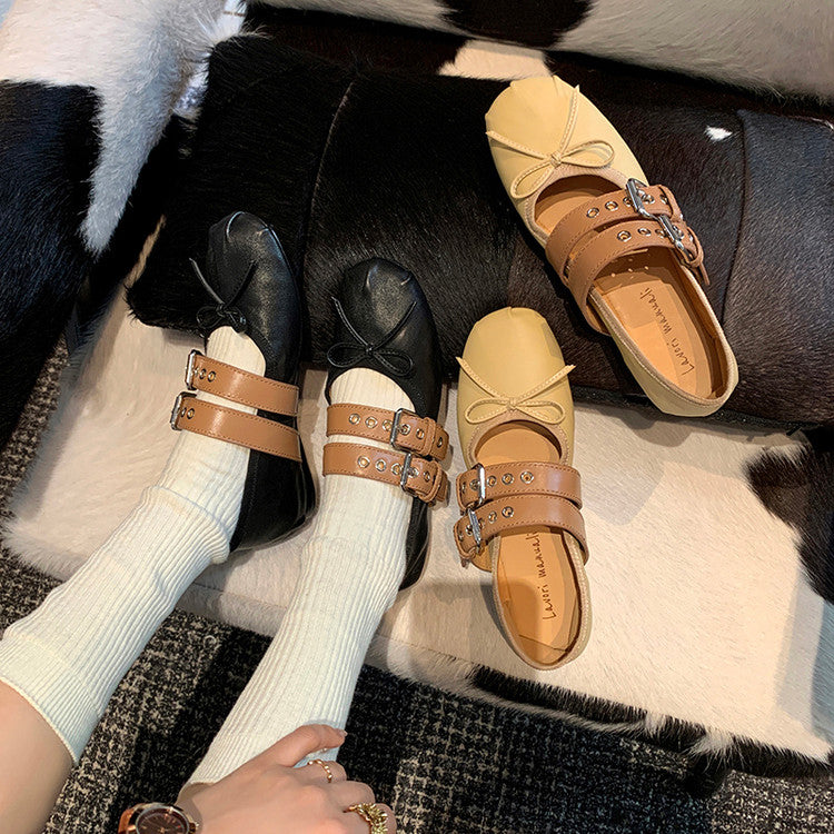 Karin Luna In Stock Spot Goods Minimalist Retro Round Toe Mary Jane Bowknot Height-Increasing Flats