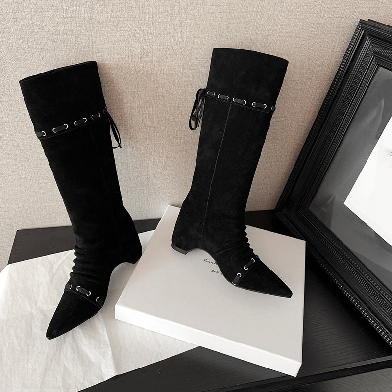 Karin Luna Elegant Style  Pointed Toe Pleated Hidden Wedge Western Boots